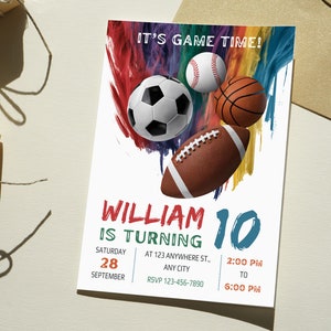 Modelo de convite de aniversário esportivo, convite editável, convite digital, aniversário de menino, futebol, basquete, beisebol, futebol americano