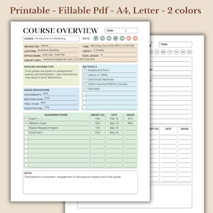 以下が含まれることがあります： 緑と白のカラーテーマの印刷可能なコース概要テンプレート。テンプレートには、コース情報、成績情報、教材、課題の詳細などのセクションが含まれています。ページの上部には「COURSE OVERVIEW」というテキストがあります。