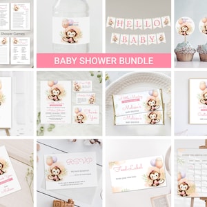 May include: A baby shower bundle with a monkey theme. The bundle includes invitations, thank you cards, food labels, games, and decorations. The colors are pink, brown, and green.