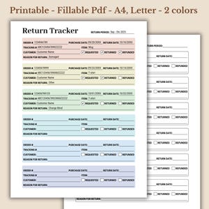 Puede incluir: Un formulario de seguimiento de devoluciones imprimible con un esquema de color verde y azul. El formulario incluye campos para el número de pedido, el número de seguimiento, el nombre del cliente, la fecha de compra, la fecha de devolución, el artículo, solicitado, devuelto y reembolsado. El formulario está diseñado para el seguimiento de devoluciones para el período de septiembre a octubre de 2025.