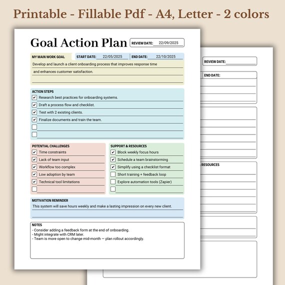 Goal Action Plan, Personal Growth Planner, Printable Fillable PDF, Letter A4