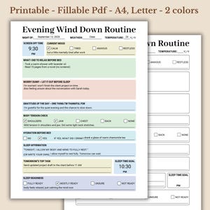 Rutina de relajación nocturna (PDF rellenable, imprimible), preparación para dormir y reflexión (carta, A4)