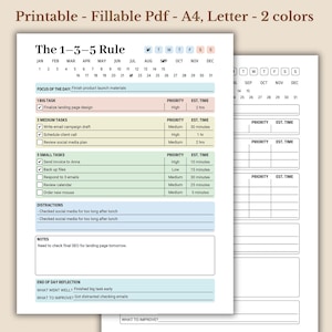 Op de afbeelding: Een afdrukbare PDF-planner met een 1-3-5-regel lay-out, met secties voor taken, prioriteiten en tijdschattingen. De planner bevat ruimte voor dagelijkse focus, afleidingen, notities en reflectie aan het einde van de dag. Het document is beschikbaar in A4- en Letter-formaten.