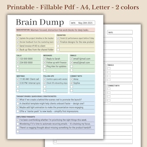 Op de afbeelding: Een printbare brain dump-planner met secties voor takenlijsten, prioriteiten, telefoongesprekken, berichten, e-mails, vergaderingen, follow-ups, contacten met en gedachtesparkjes. De planner is ontworpen om gebruikers te helpen gefocust en georganiseerd te blijven.