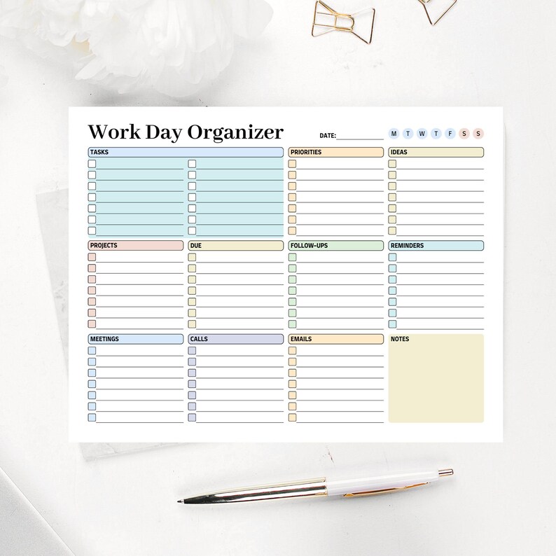 Work Day Organizer, Printable Daily Planner, Fillable PDF, Letter, A4 ...