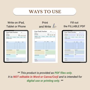 K&ouml;nnte beinhalten: Ein Bild, das eine Vorlage f&uuml;r einen "Case Task Tracker" zeigt, mit Optionen zur Verwendung auf einem Tablet, zum Ausdrucken oder als ausf&uuml;llbares PDF. Die Vorlage enth&auml;lt Abschnitte f&uuml;r Aufgabenlisten, wichtige Details und Notizen. Der Text besagt, dass das Produkt nur als PDF-Dateien bereitgestellt wird.