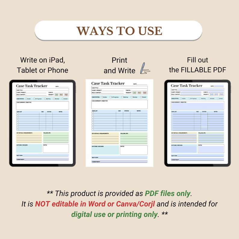 K&ouml;nnte beinhalten: Ein Bild, das eine Vorlage f&uuml;r einen "Case Task Tracker" zeigt, mit Optionen zur Verwendung auf einem Tablet, zum Ausdrucken oder als ausf&uuml;llbares PDF. Die Vorlage enth&auml;lt Abschnitte f&uuml;r Aufgabenlisten, wichtige Details und Notizen. Der Text besagt, dass das Produkt nur als PDF-Dateien bereitgestellt wird.