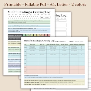 Registro de alimentación consciente y antojos, PDF rellenable, registro diario y semanal de alimentación consciente, planificador de comidas diario y semanal, tamaño carta, A4