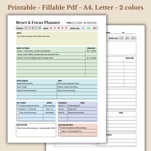 May include: A printable Reset & Focus Planner in A4 and Letter sizes, with a two-colour design. The planner includes sections for energy, mood, workload, reset actions, focus areas, key tasks, and success metrics. It has space for notes and deadlines.