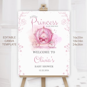 Prinzessin Baby Shower Willkommensschild, bearbeitbares rosa Prinzessin Kutsche Dusche Zeichen, Prinzessin Baby Shower Poster, Mädchen Royal, Instant Download