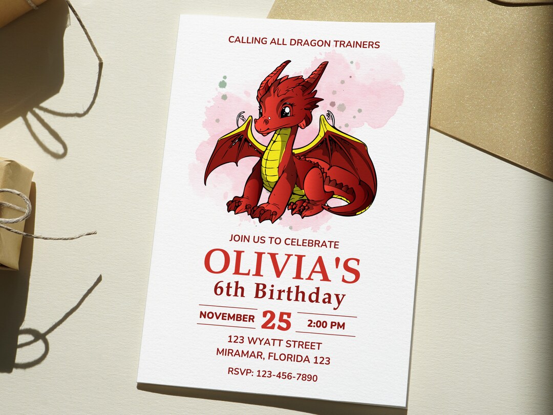 Red Dragon Birthday Invitation, Dragon Invitation Template, Editable ...