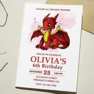 Red Dragon Birthday Invitation, Dragon Invitation Template, Editable Digital Invitation for Kids, Girls Birthday Invite, Instant Download