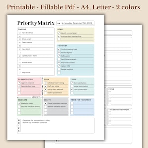Puede incluir: Una plantilla de matriz de prioridad imprimible con secciones para la línea de tiempo, objetivos, lista de tareas, hacer inmediatamente, planificar, enfocarse, delegar, eliminar y tareas para mañana. La plantilla está diseñada para su uso el lunes 15 de diciembre de 2025.