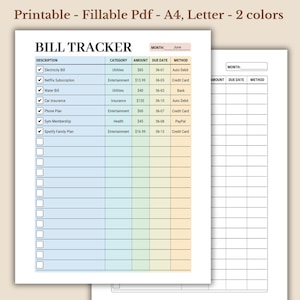 Puede incluir: Seguimiento de facturas imprimible en tamaños A4 y Carta, con dos opciones de color. El documento incluye secciones para descripción, categoría, importe, fecha de vencimiento y método. El texto "BILL TRACKER" está en la parte superior.
