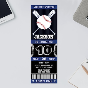 Baseball Ticketeinladung, bearbeitbare Baseballeinladung, Baseball-Geburtstagskarteneinladung, digitale Einladung, dunkles Thementicket