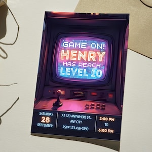 Modelo de convite de aniversário estilo fliperama, convite retrô, convite de aniversário com jogo editável, convite de nível, cartão com tema de jogo