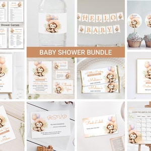 May include: A baby shower bundle with a monkey theme. The bundle includes printable invitations, games, food labels, and decorations. The colors are pink, brown, and gold.