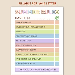 Summer Rules For Kids, Summer Screen Time Checklist, Summer Routine for Kids, Screen Time Tracker, Chore List, Kids Summer Checklist Chart