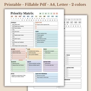 Puede incluir: Un planificador de matriz de prioridades imprimible con un calendario, un horario, tareas, un plan, enfoque, delegación, eliminación, distracciones y notas. El planificador está diseñado para ayudarte a priorizar tus tareas y mantenerte organizado.
