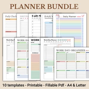 Könnte beinhalten: Eine Sammlung druckbarer Planervorlagen mit dem Text "PLANNER BUNDLE". Die Vorlagen umfassen Tages-, Wochen- und Arbeitstagsplaner mit Abschnitten für To-Do-Listen, Zeitpläne und Notizen. Das Bundle enthält 10 Vorlagen in A4- und Letter-Größe.