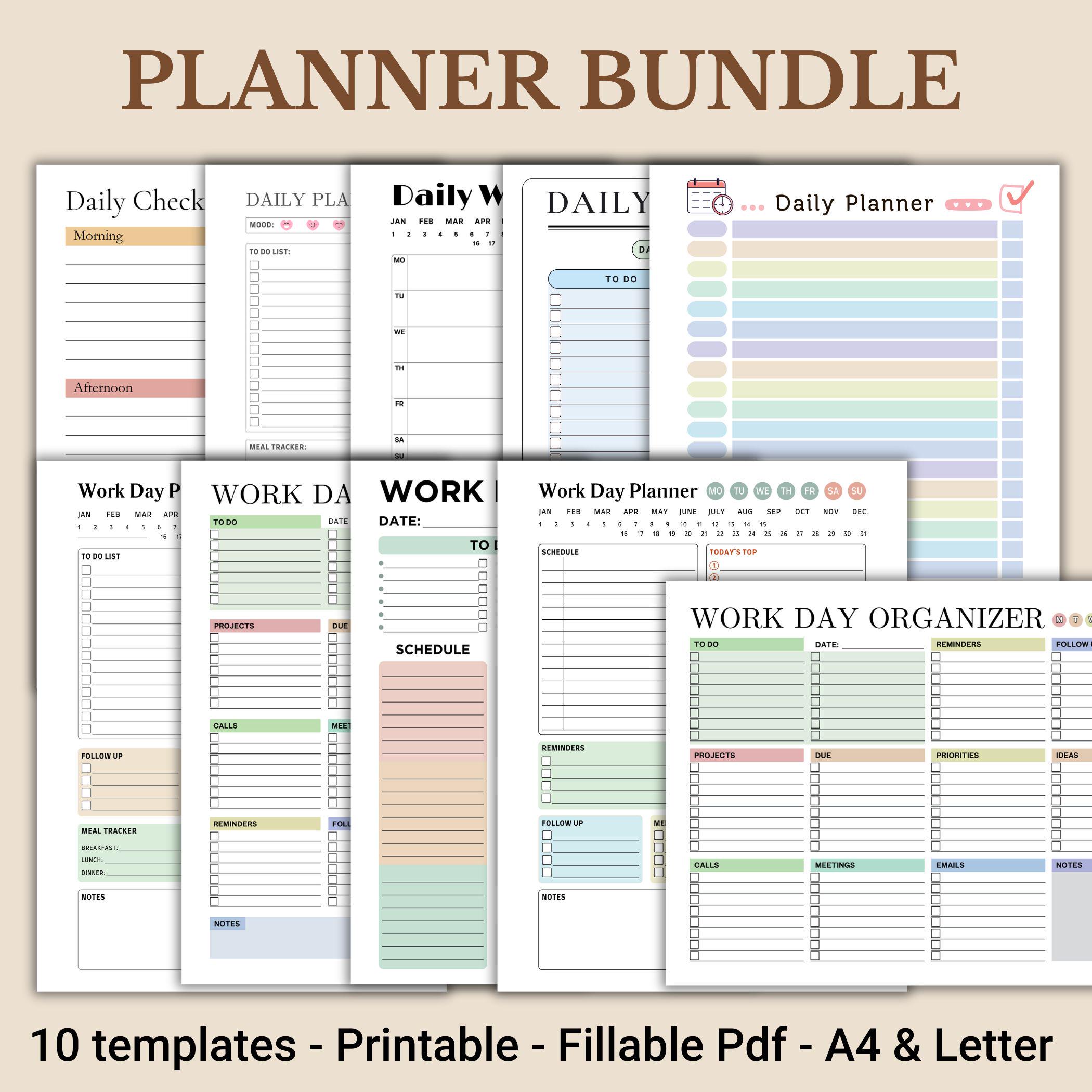 Work Day Planner Bundle, Daily Checklist, To-Do List, Priority Taks, Fillable PDF