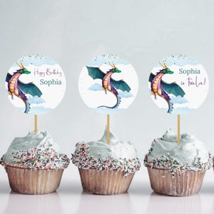 Dragon Cupcake Topper Template, Editable Dragon Circle, Food Sign, Cupcake Decoration, Canva Template, Instant Download