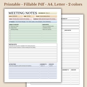 May include: A printable meeting notes template in PDF format. The template is designed for A4 or Letter size paper and uses two colors. The template includes sections for date, time, topic, attendees, purpose, things to discuss, quick notes, meeting notes, action items, assigned to, and due date.