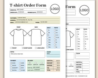 T-shirt Order Form Template, Printable Fillable Pdf, Canva Template, Small Business Order Forms, Instant Download