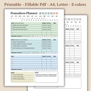 Puede incluir: Planificador Pomodoro imprimible en tamaños A4 y Carta, con un diseño de dos colores. El planificador incluye secciones para tareas, tiempos objetivo y reales, y un rastreador Pomodoro. También tiene espacio para notas y descansos.