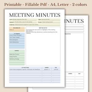 Verbale della riunione, verbale del progetto aziendale, nota dell'ordine del giorno aziendale, modello stampabile, PDF compilabile, download immediato