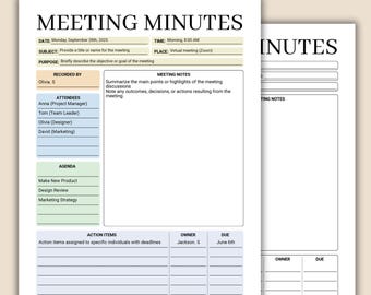 Meeting Minutes, Business Project Record, Business Agenda Note, Printable Template, Fillable Pdf, Instant Download
