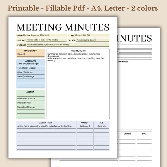 Meeting Minutes, Business Project Record, Business Agenda Note, Printable Template, Fillable Pdf, Instant Download
