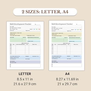 K&ouml;nnte beinhalten: Zwei Skill-Development-Tracker-Vorlagen, eine im Letter-Format (21,6 x 27,9 cm) und die andere im A4-Format (21 x 29,7 cm). Jeder Tracker enth&auml;lt Abschnitte f&uuml;r den Skill-Namen, die Priorit&auml;t, das Startdatum und w&ouml;chentliche &Uuml;bungsprotokolle.