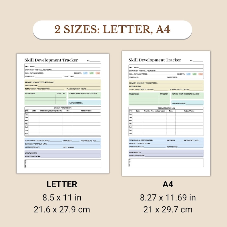 K&ouml;nnte beinhalten: Zwei Skill-Development-Tracker-Vorlagen, eine im Letter-Format (21,6 x 27,9 cm) und die andere im A4-Format (21 x 29,7 cm). Jeder Tracker enth&auml;lt Abschnitte f&uuml;r den Skill-Namen, die Priorit&auml;t, das Startdatum und w&ouml;chentliche &Uuml;bungsprotokolle.
