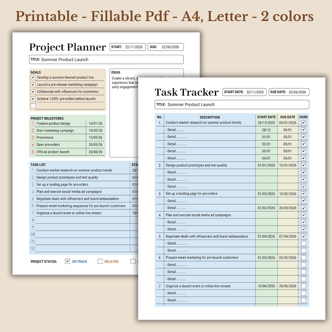 Project Planner & Task Tracker: Printable Fillable PDF - Etsy UK