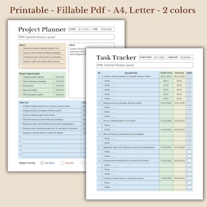 Op de afbeelding: Een printbare projectplanner en taaktracker-sjabloon voor de lancering van een zomerproduct. De planner bevat secties voor doelen, ideeën, projectmijlpalen en een takenlijst. De taaktracker heeft kolommen voor de taakbeschrijving, startdatum, vervaldatum en een selectievakje voor voltooiing.