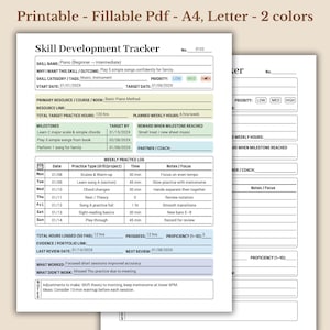 Pode incluir: Rastreador de desenvolvimento de habilidades imprimível em PDF para a prática de piano. O documento inclui seções para o nome da habilidade, marcos e um registro de prática semanal. O rastreador é em preto e branco.
