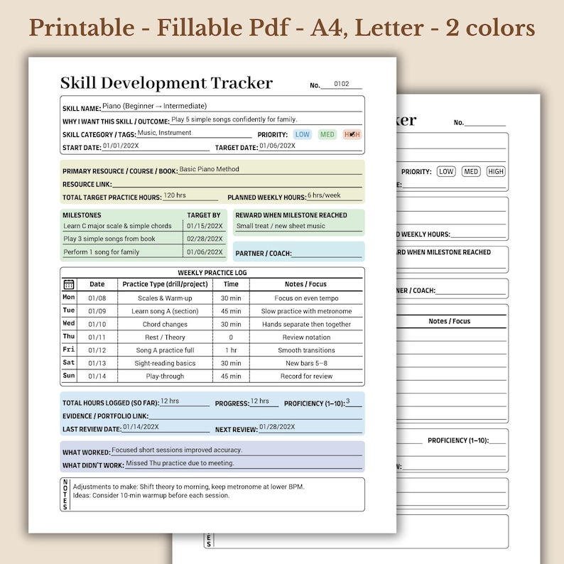 K&ouml;nnte beinhalten: Ausdruckbarer PDF-F&auml;higkeitsentwicklungs-Tracker f&uuml;r Klavier&uuml;bungen. Das Dokument enth&auml;lt Abschnitte f&uuml;r den F&auml;higkeitsnamen, Meilensteine und ein w&ouml;chentliches &Uuml;bungsprotokoll. Der Tracker ist in Schwarzwei&szlig; gehalten.
