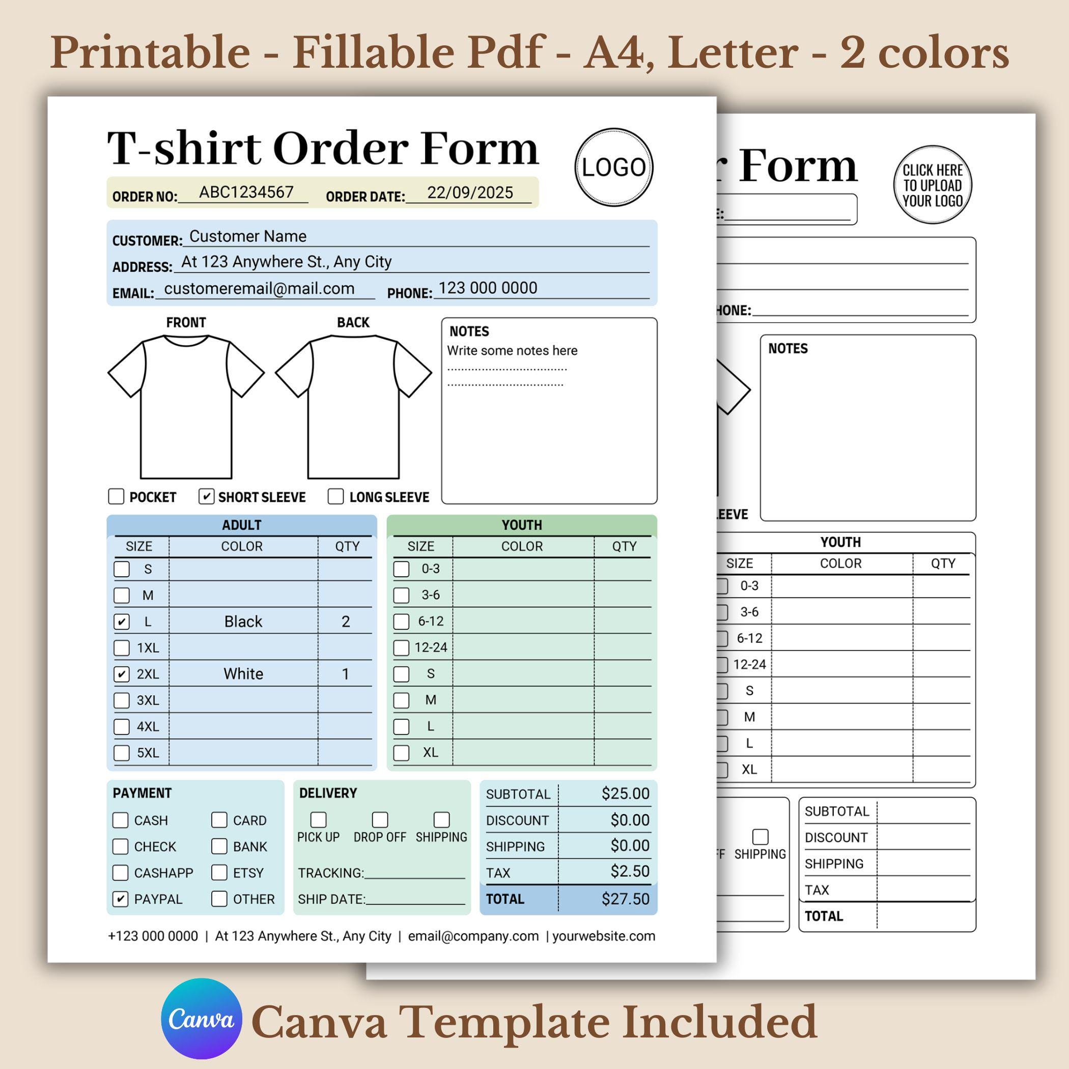 T-shirt Order Form, Editable Canva Template, Printable Small Business Order Forms, Fillable Shirt Order Form Pdf, Instant Download