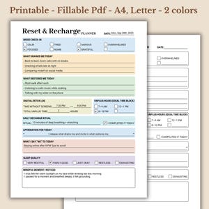 Planificador de Reinicio y Recarga, PDF rellenable, Planificador Diario de Autocuidado, Registro Diario de Reinicio de Energía, Registro Diario Simple de Reinicio, Carta, A4