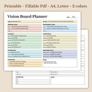 ビジョンボードプランナー、印刷可能なライフプランニング、記入可能なPDF、目標設定プランナー、明確で集中力のあるビジョン、キャリアビジョン