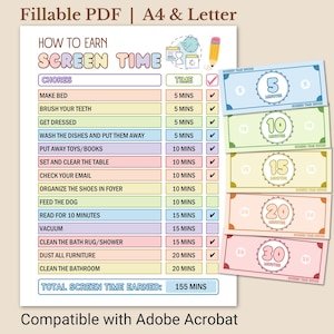 Könnte beinhalten: Ein druckbares PDF-Diagramm mit dem Titel „So verdienen Sie Bildschirmzeit“ mit einer Liste von Aufgaben und der verdienten Zeit. Enthält farbenfrohe Bildschirmzeit-Belohnungsgutscheine in den Werten 5, 10, 15, 20 und 30 Minuten. Kompatibel mit Adobe Acrobat.