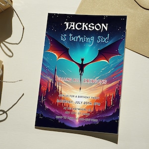 Plantilla de invitación de cumpleaños de dragón, invitación editable de dragón, fiesta de dragón, invitación digital, invitación para fiesta infantil, descarga instantánea
