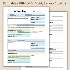 Może przedstawiać: Drukowany dziennik rozproszeń w dwóch kolorach, formaty A4 i Letter. Dziennik zawiera sekcje dotyczące czasu, rodzaju rozproszenia, opisu, czasu trwania, wpływu na pracę i strategii zapobiegania. Tekst "Distraction Log" znajduje się na górze.
