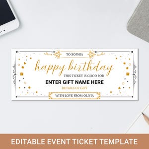Plantilla de boleto de evento, plantilla de vale de regalo de feliz cumpleaños, boleto de regalo editable, cupón de regalo de cumpleaños imprimible, cupón de regalo imprimible