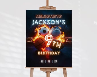 Sports Birthday Welcome Sign, Soccer Football Basketball Volleyball Theme, Editable Party Poster