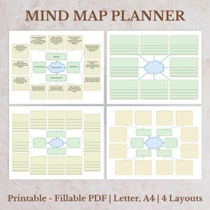 May include: Four mind map planner layouts with a light beige and green color scheme. The top of the image reads "MIND MAP PLANNER". The bottom of the image reads "Printable - Fillable PDF | Letter, A4 | 4 Layouts".