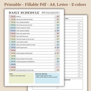 May include: A printable daily schedule planner with a checklist and star rating system. The planner is designed for Monday, September 28th, and includes tasks such as waking up, exercising, having breakfast, planning the day, checking emails, working on projects, taking breaks, and getting enough sleep. The planner also includes a section for important mentions, such as submitting a project report by 3 PM and following up with a client on a contract renewal.