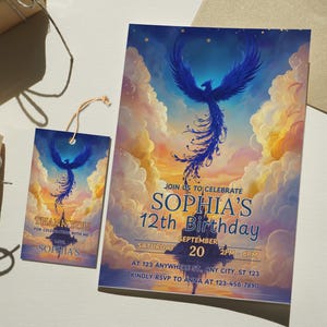 Faire-part d'anniversaire Phoenix, modèle modifiable d'invitation Phoenix, fête Phoenix, faire-part numérique, fête d'enfants, anniversaire de filles