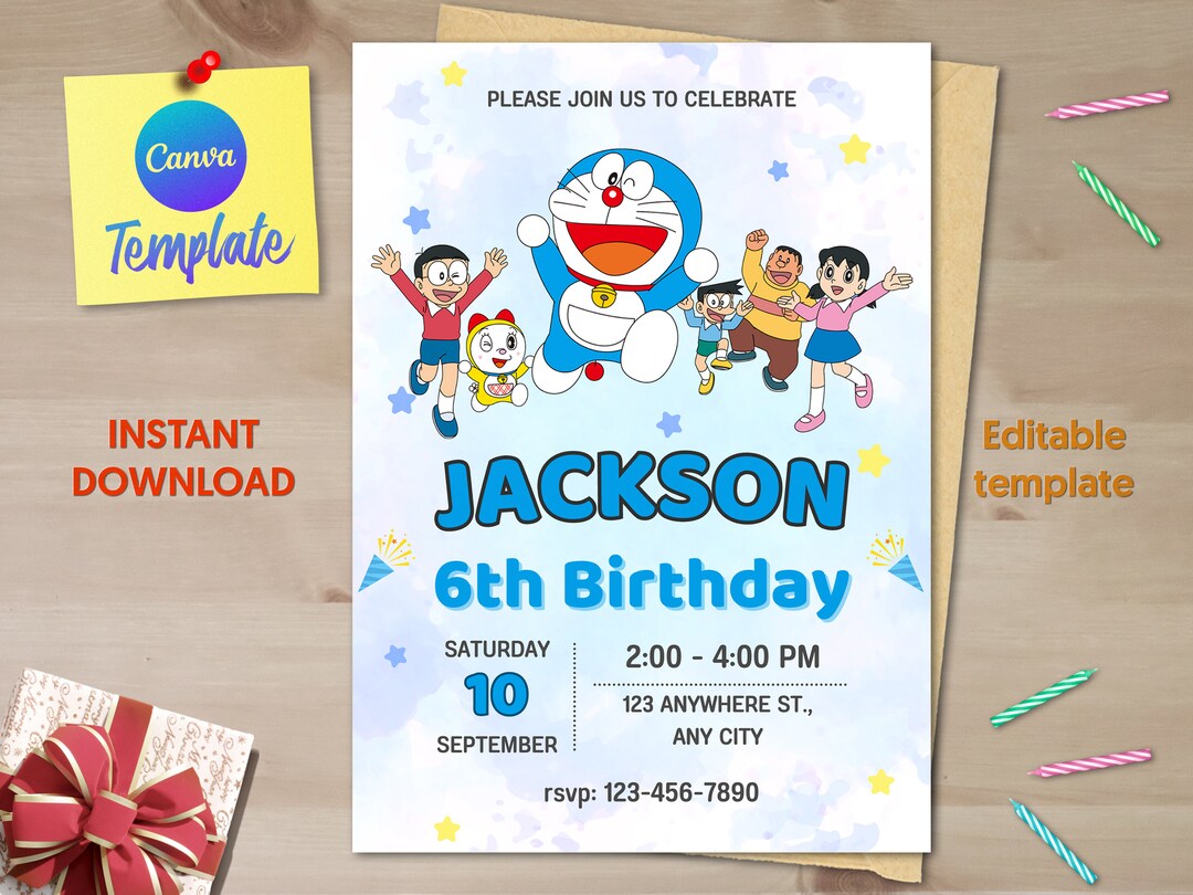 Editable Doraemon Birthday Invitation Printable Birthday Etsy